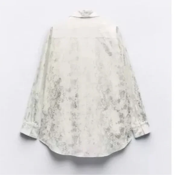Zara Brushed Silver Metallic Foil White Cotton Button-Up Blouse | S | NWT - Picture 6 of 12